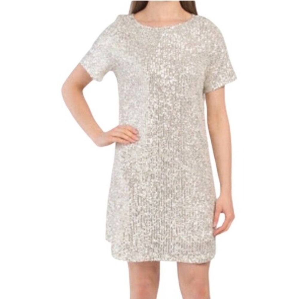 7 For All Mankind Silver Sequin Mini Shift Dress Metallic Shimmer Small